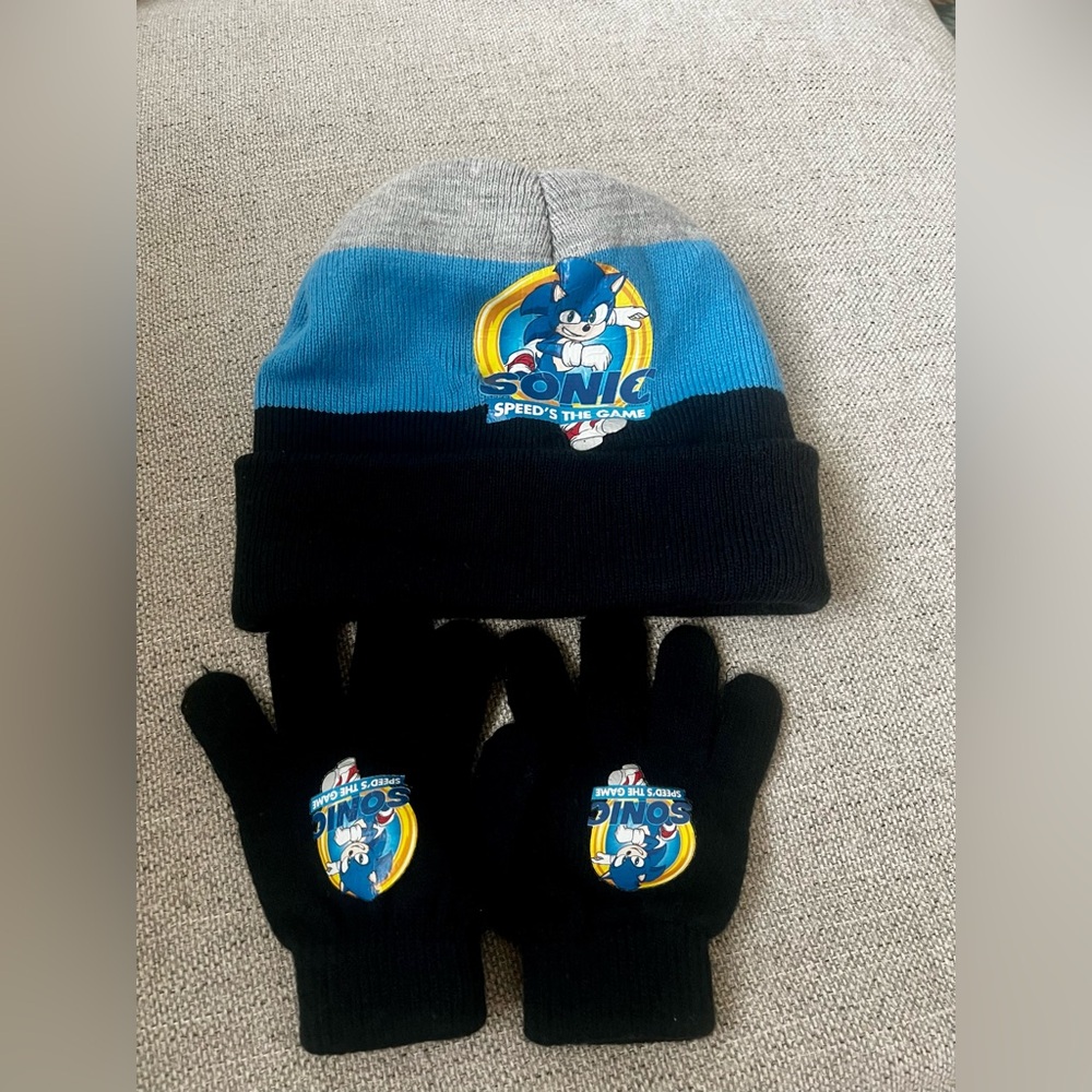 Sonic Kids Blue and Black Beanie and Gloves Set
